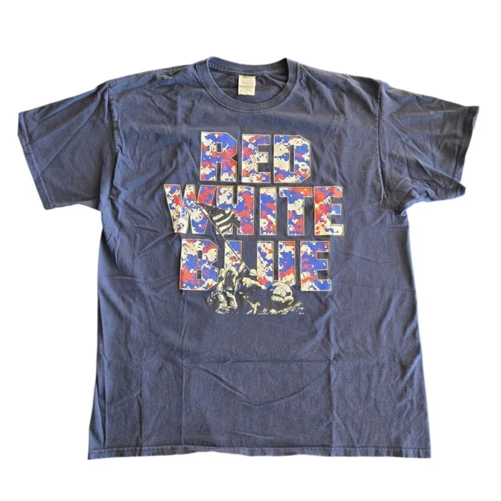 Fruit Of The Loom Shirt Mens  Large Blue Red White Digital Camo Pattern Iwo Jima